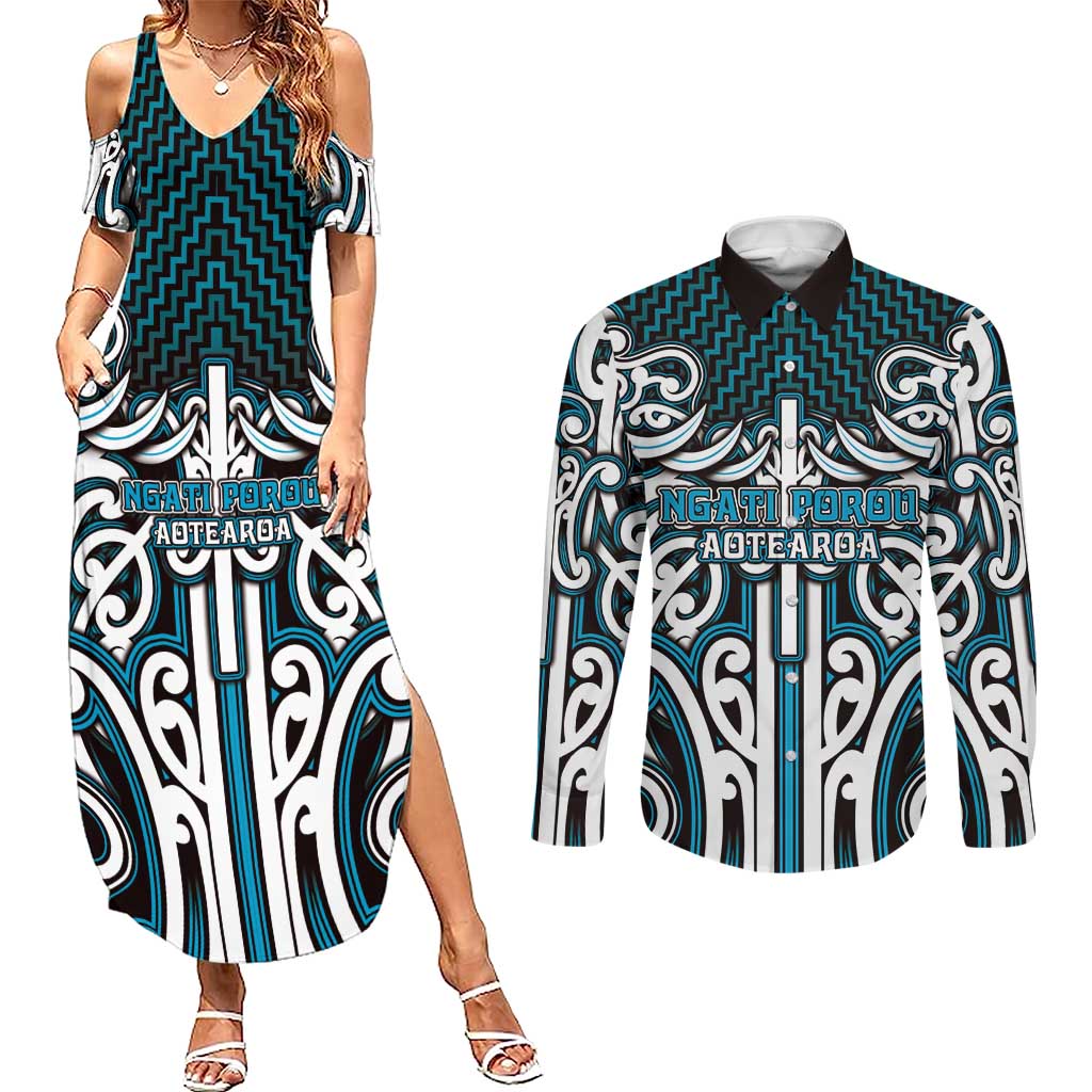 Custom Aotearoa Ngati Porou Couples Matching Summer Maxi Dress and Long Sleeve Button Shirt Maori Tribal Pattern Mix Poutama LT05 Blue - Polynesian Pride