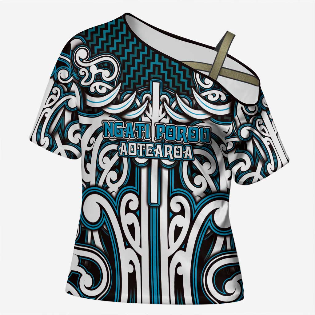 Custom Aotearoa Ngati Porou Cross Shoulder Shirt Maori Tribal Pattern Mix Poutama LT05 Female Blue - Polynesian Pride
