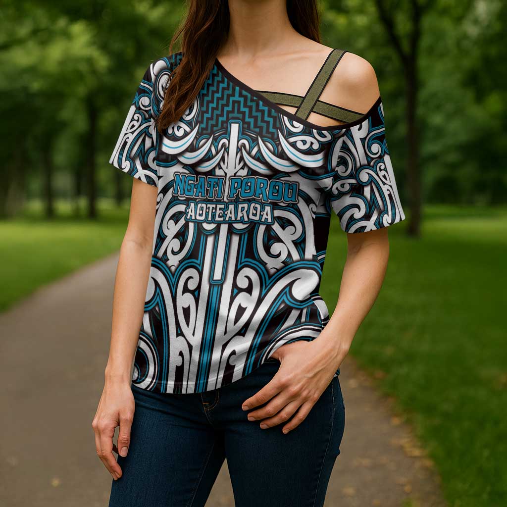 Custom Aotearoa Ngati Porou Cross Shoulder Shirt Maori Tribal Pattern Mix Poutama LT05 - Polynesian Pride