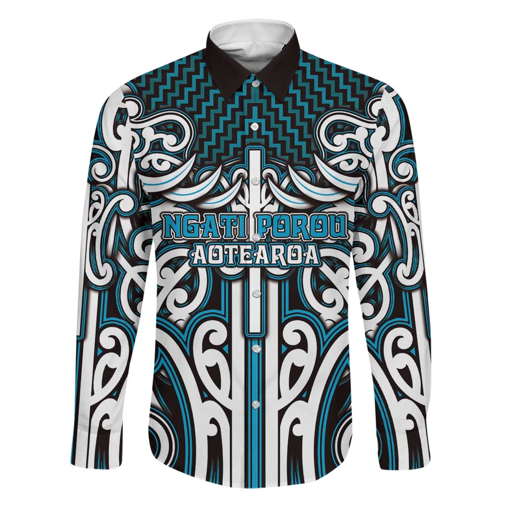 Custom Aotearoa Ngati Porou Family Matching Long Sleeve Bodycon Dress and Hawaiian Shirt Maori Tribal Pattern Mix Poutama LT05 Dad's Shirt - Long Sleeve Blue - Polynesian Pride