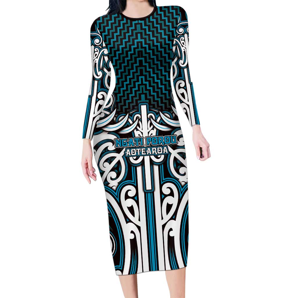 Custom Aotearoa Ngati Porou Family Matching Long Sleeve Bodycon Dress and Hawaiian Shirt Maori Tribal Pattern Mix Poutama LT05 Mom's Dress Blue - Polynesian Pride