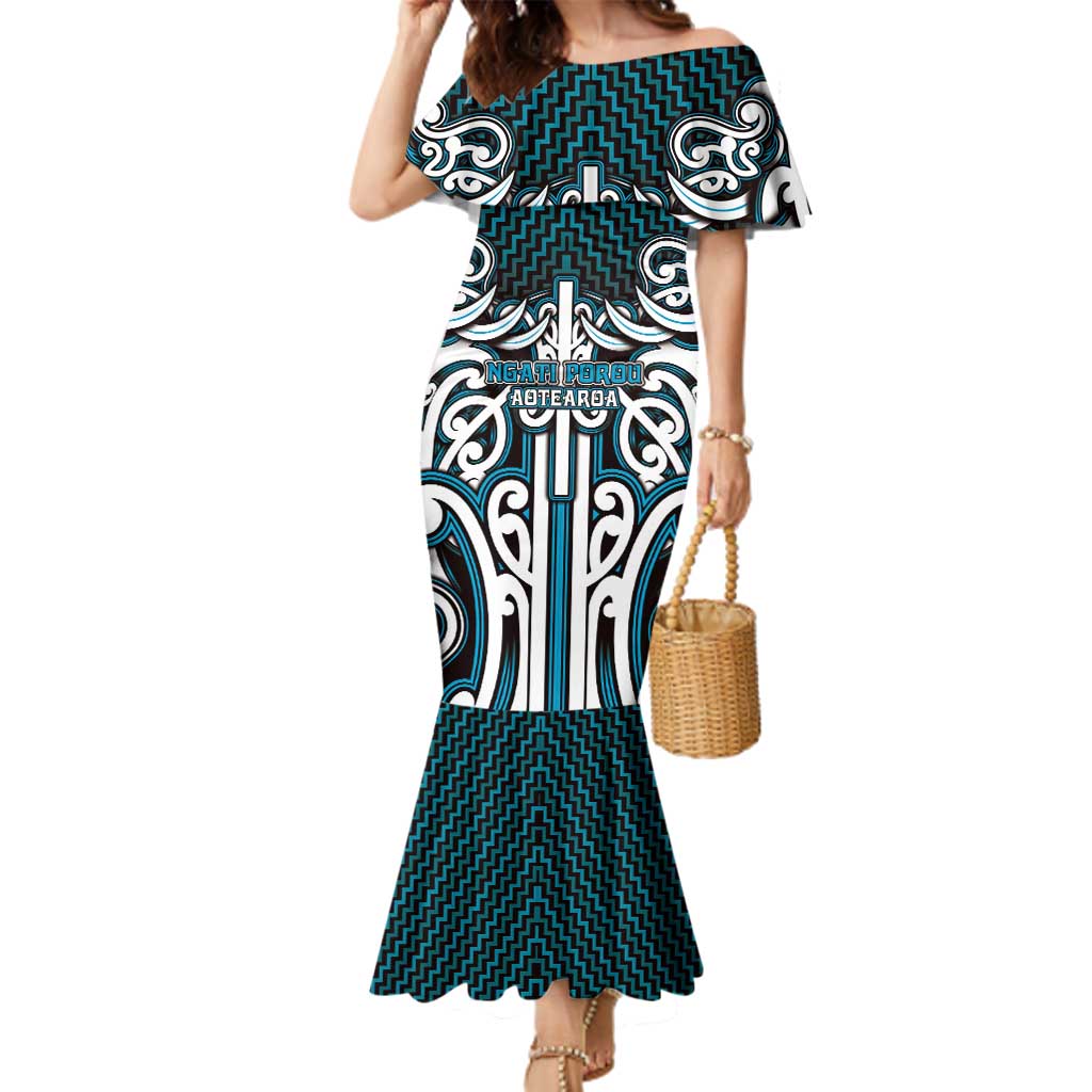 Custom Aotearoa Ngati Porou Family Matching Mermaid Dress and Hawaiian Shirt Maori Tribal Pattern Mix Poutama LT05 Mom's Dress Blue - Polynesian Pride