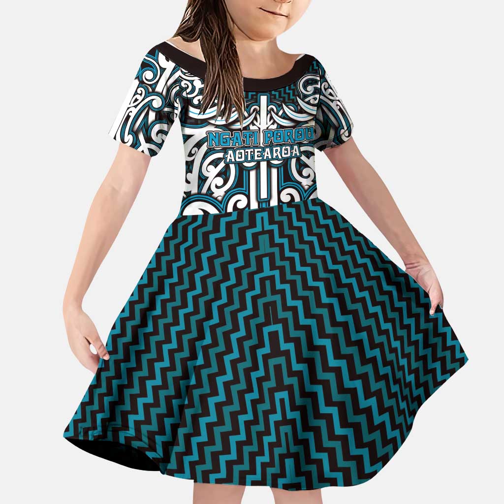 Custom Aotearoa Ngati Porou Family Matching Summer Maxi Dress and Hawaiian Shirt Maori Tribal Pattern Mix Poutama LT05 Daughter's Dress Blue - Polynesian Pride