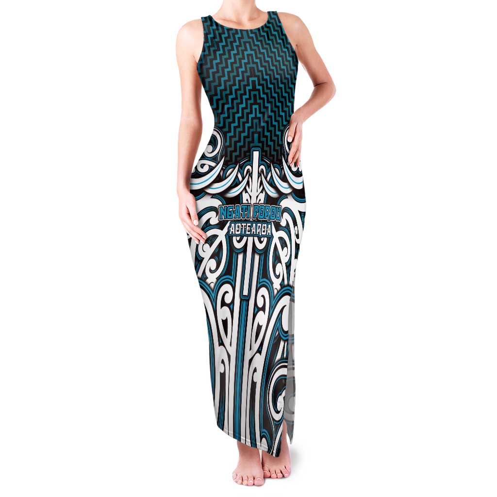 Custom Aotearoa Ngati Porou Family Matching Tank Maxi Dress and Hawaiian Shirt Maori Tribal Pattern Mix Poutama LT05 Mom's Dress Blue - Polynesian Pride