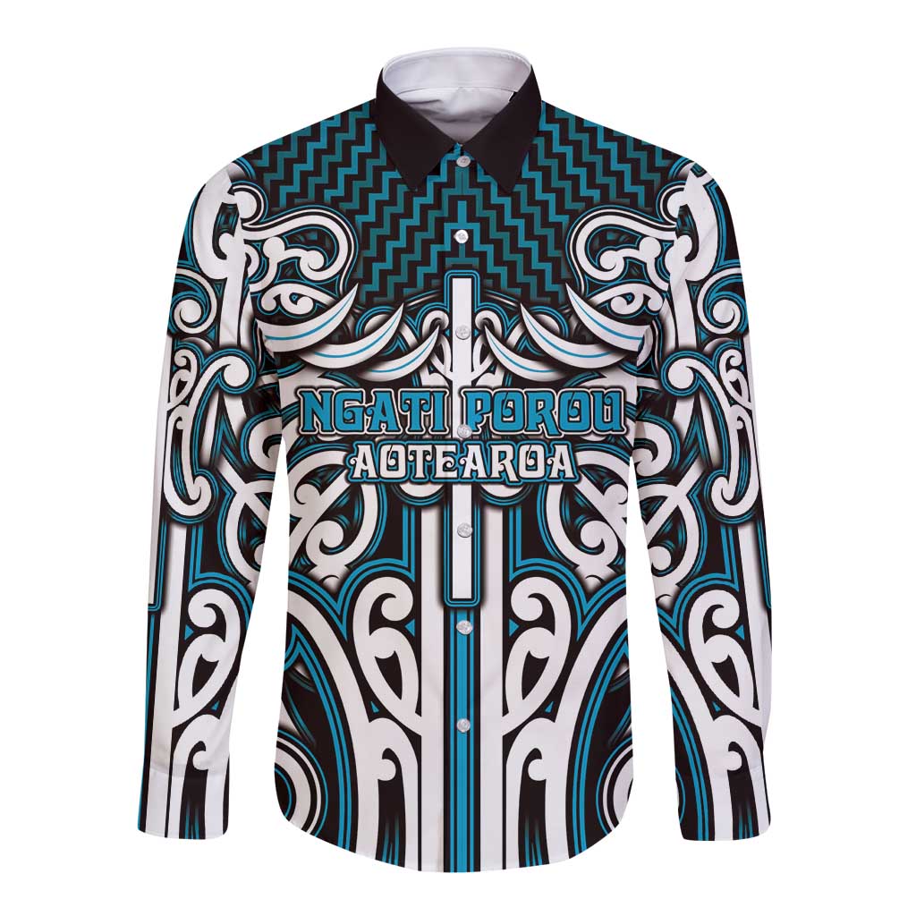Custom Aotearoa Ngati Porou Long Sleeve Button Shirt Maori Tribal Pattern Mix Poutama LT05 Unisex Blue - Polynesian Pride