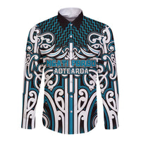 Custom Aotearoa Ngati Porou Long Sleeve Button Shirt Maori Tribal Pattern Mix Poutama LT05 Unisex Blue - Polynesian Pride