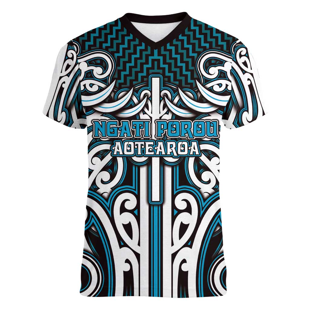Custom Aotearoa Ngati Porou Women V-Neck T-Shirt Maori Tribal Pattern Mix Poutama LT05 Female Blue - Polynesian Pride