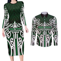 Custom Aotearoa Ngai Tahu Couples Matching Long Sleeve Bodycon Dress and Long Sleeve Button Shirt Maori Tribal Pattern Mix Poutama LT05 Green - Polynesian Pride