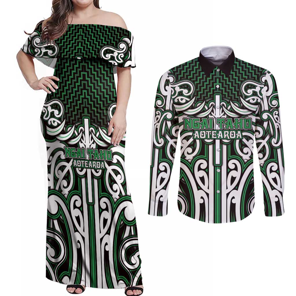 Custom Aotearoa Ngai Tahu Couples Matching Off Shoulder Maxi Dress and Long Sleeve Button Shirt Maori Tribal Pattern Mix Poutama