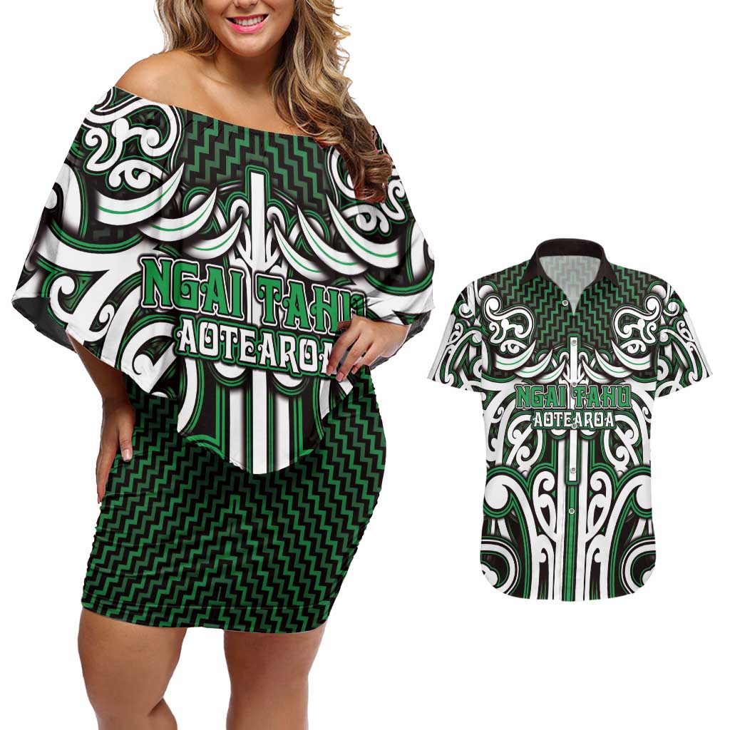 Custom Aotearoa Ngai Tahu Couples Matching Off Shoulder Short Dress and Hawaiian Shirt Maori Tribal Pattern Mix Poutama LT05 Green - Polynesian Pride
