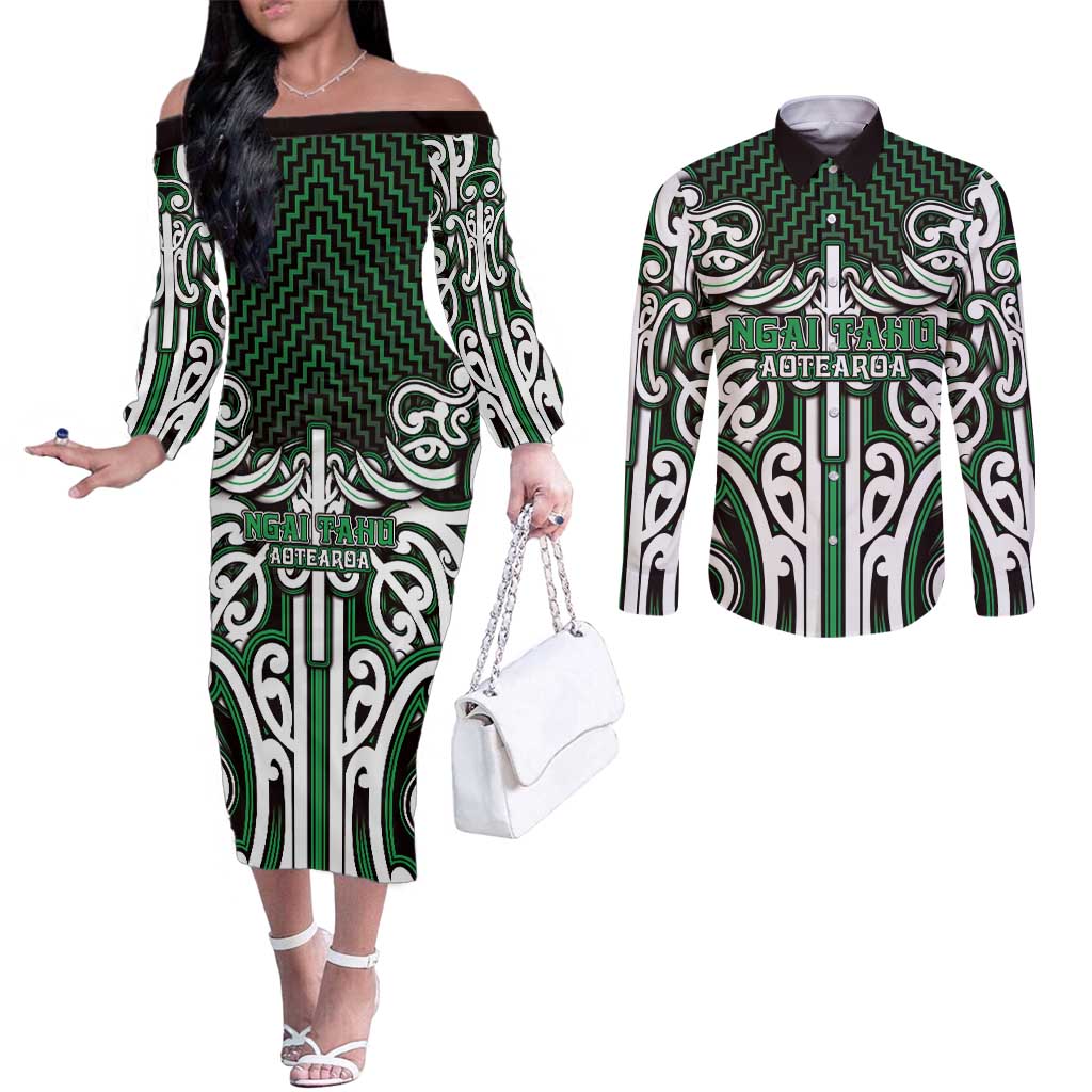 Custom Aotearoa Ngai Tahu Couples Matching Off The Shoulder Long Sleeve Dress and Long Sleeve Button Shirt Maori Tribal Pattern Mix Poutama LT05 Green - Polynesian Pride