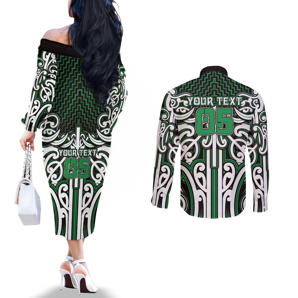 Custom Aotearoa Ngai Tahu Couples Matching Off The Shoulder Long Sleeve Dress and Long Sleeve Button Shirt Maori Tribal Pattern Mix Poutama LT05 - Polynesian Pride