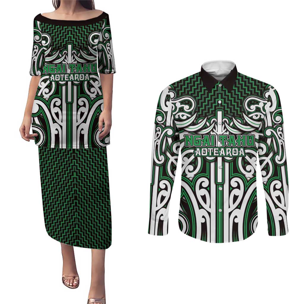 Custom Aotearoa Ngai Tahu Couples Matching Puletasi and Long Sleeve Button Shirt Maori Tribal Pattern Mix Poutama LT05 Green - Polynesian Pride