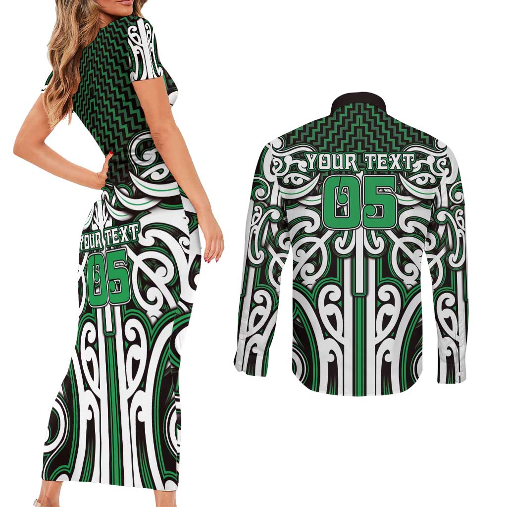 Custom Aotearoa Ngai Tahu Couples Matching Short Sleeve Bodycon Dress and Long Sleeve Button Shirt Maori Tribal Pattern Mix Poutama LT05 - Polynesian Pride