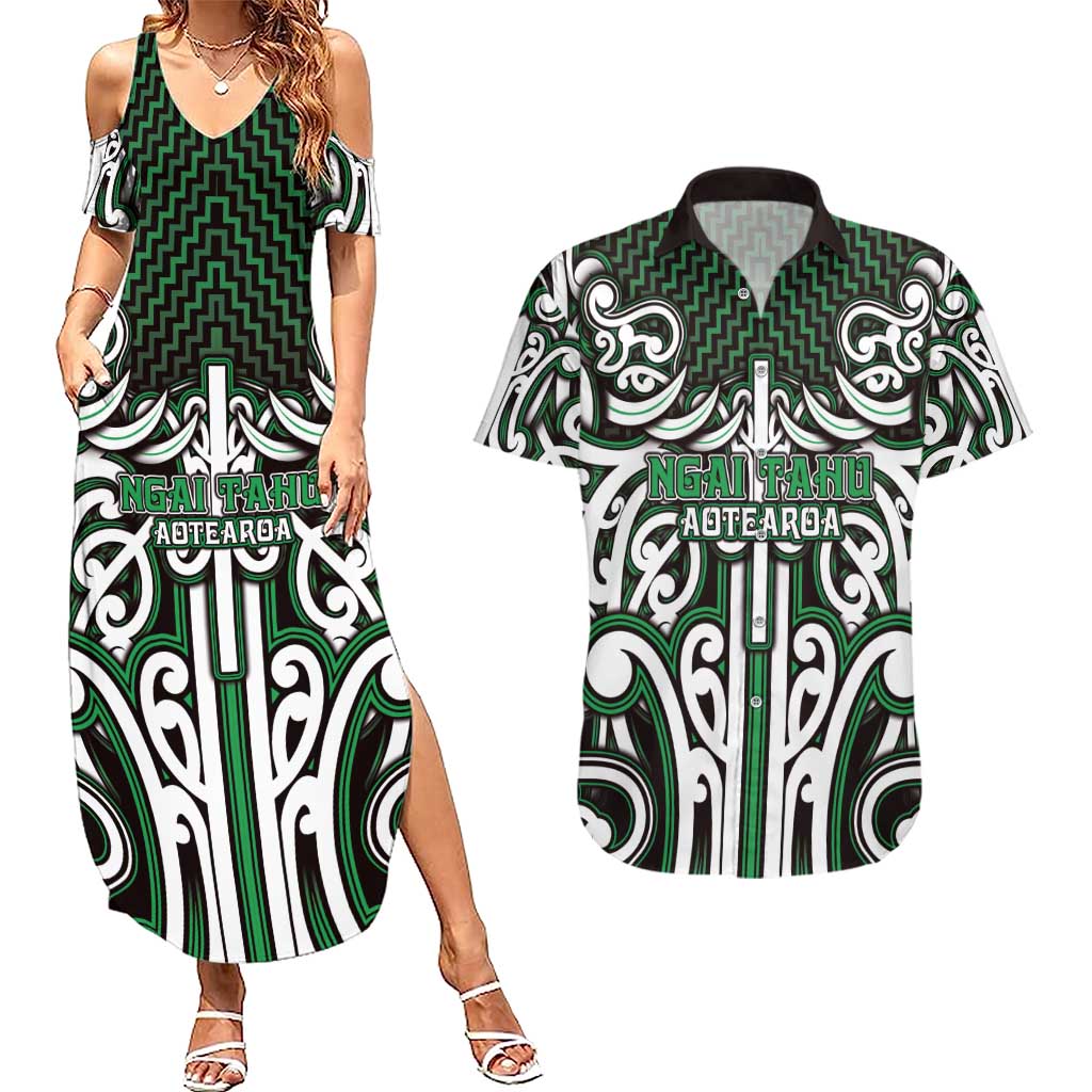 Custom Aotearoa Ngai Tahu Couples Matching Summer Maxi Dress and Hawaiian Shirt Maori Tribal Pattern Mix Poutama LT05 Green - Polynesian Pride