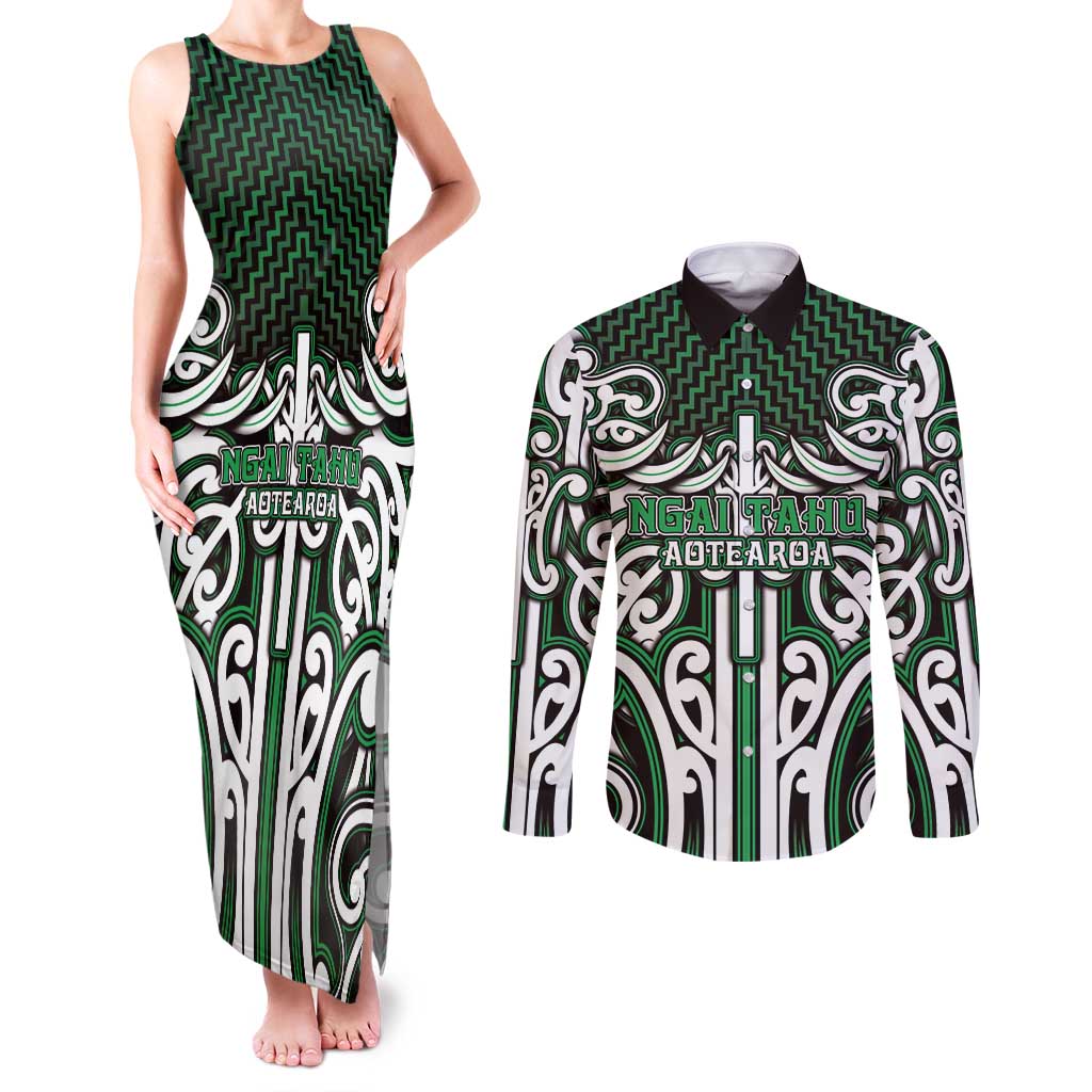 Custom Aotearoa Ngai Tahu Couples Matching Tank Maxi Dress and Long Sleeve Button Shirt Maori Tribal Pattern Mix Poutama LT05 Green - Polynesian Pride
