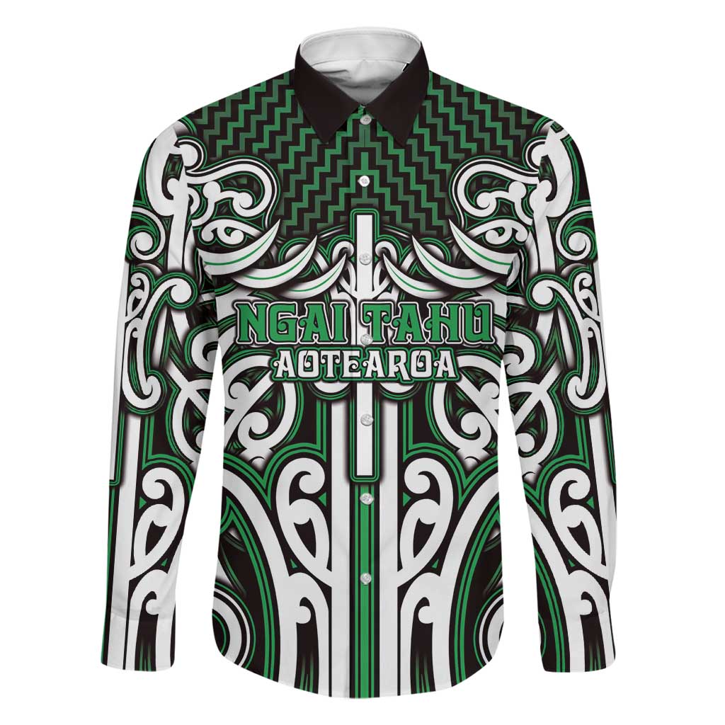 Custom Aotearoa Ngai Tahu Family Matching Mermaid Dress and Hawaiian Shirt Maori Tribal Pattern Mix Poutama LT05 Dad's Shirt - Long Sleeve Green - Polynesian Pride