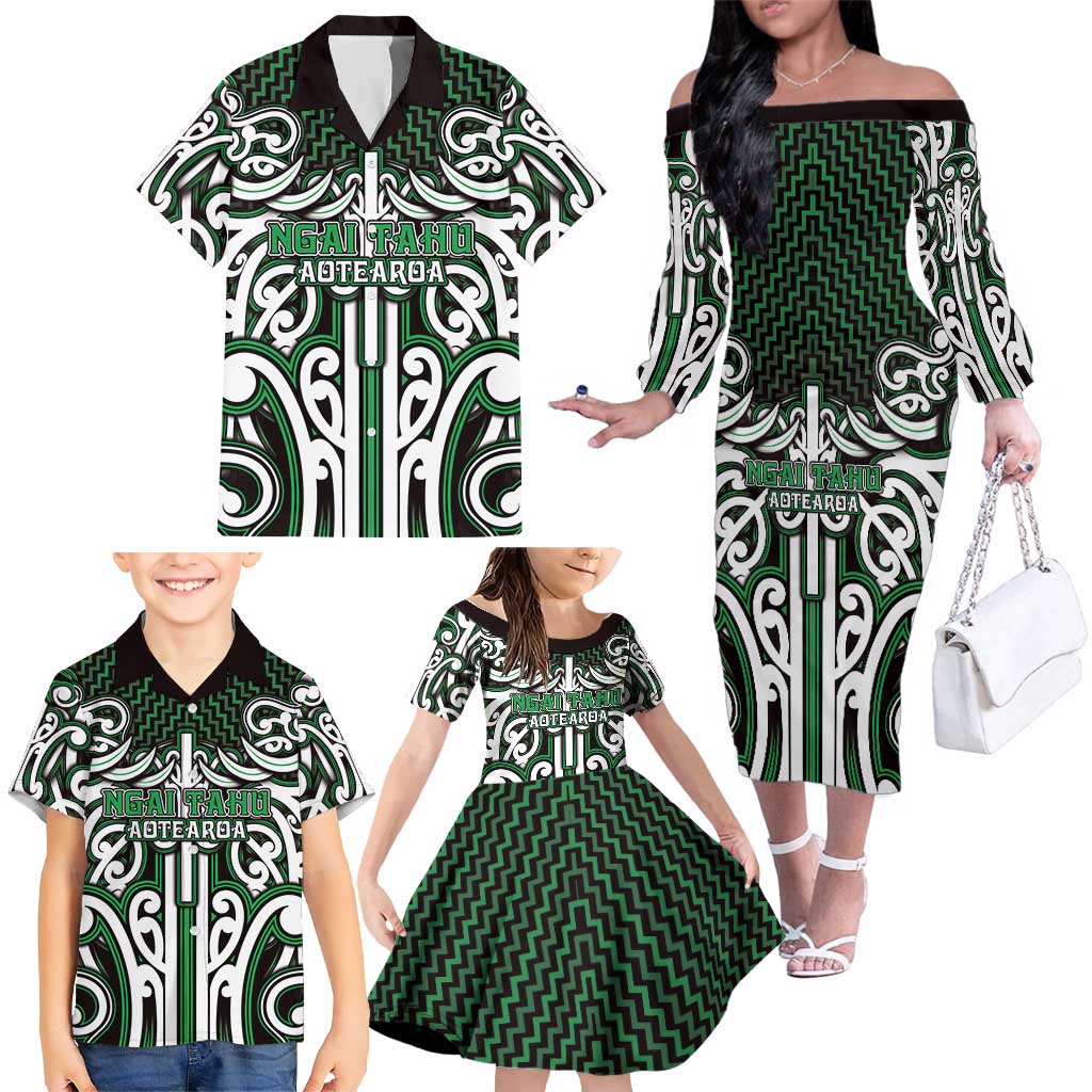 Custom Aotearoa Ngai Tahu Family Matching Off The Shoulder Long Sleeve Dress and Hawaiian Shirt Maori Tribal Pattern Mix Poutama LT05 - Polynesian Pride