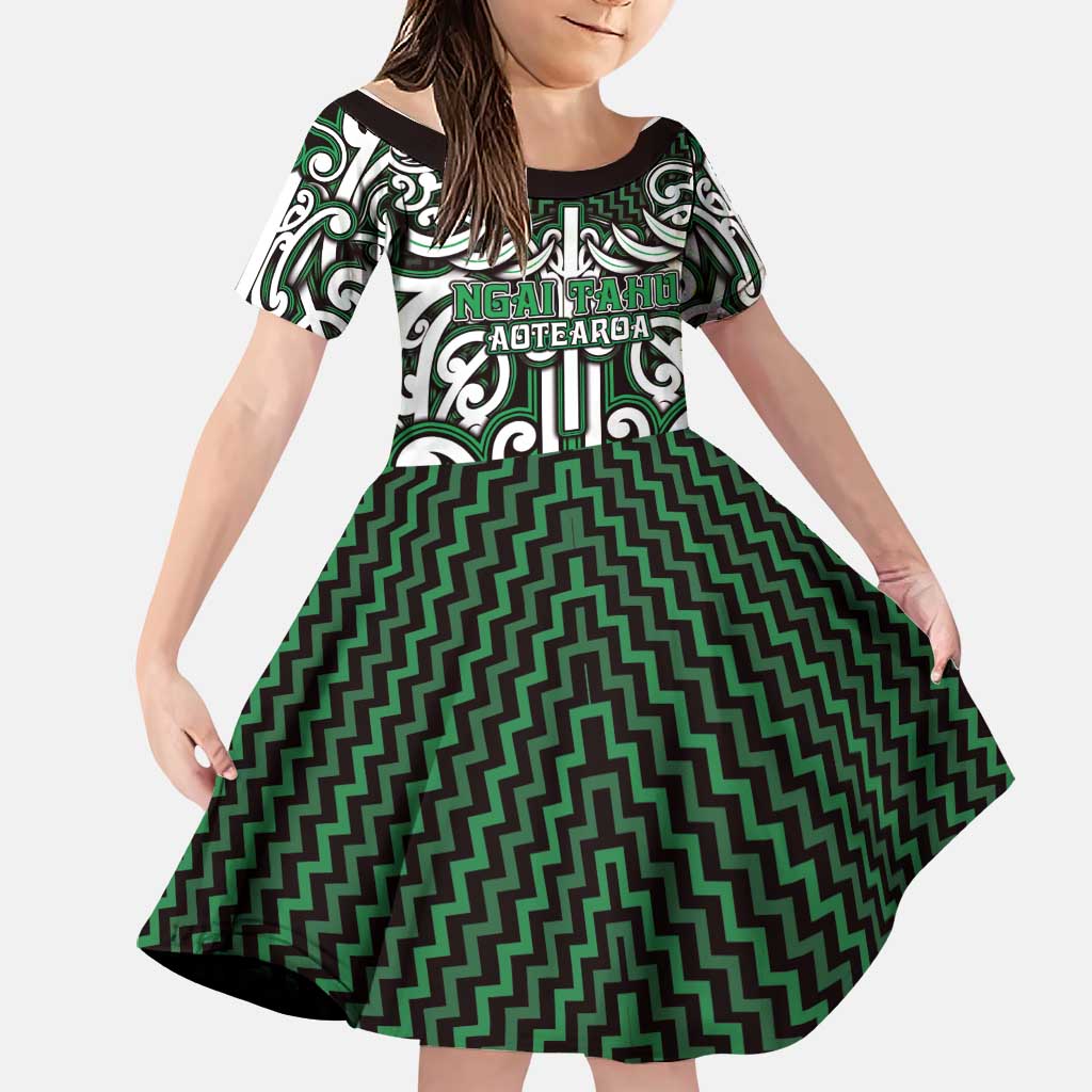 Custom Aotearoa Ngai Tahu Family Matching Off Shoulder Maxi Dress and Hawaiian Shirt Maori Tribal Pattern Mix Poutama LT05 Daughter's Dress Green - Polynesian Pride