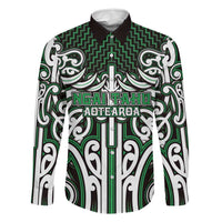 Custom Aotearoa Ngai Tahu Family Matching Off Shoulder Maxi Dress and Hawaiian Shirt Maori Tribal Pattern Mix Poutama LT05 Dad's Shirt - Long Sleeve Green - Polynesian Pride