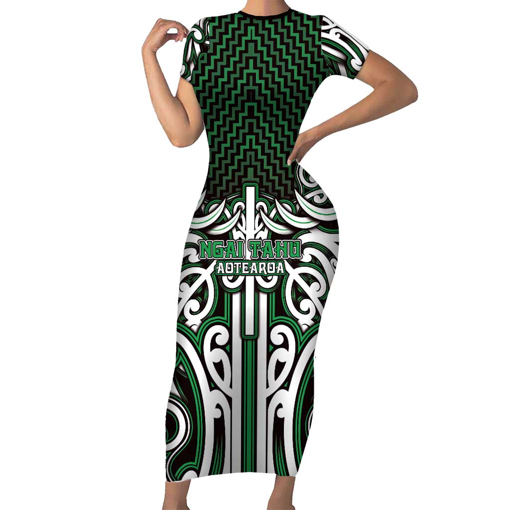 Custom Aotearoa Ngai Tahu Family Matching Short Sleeve Bodycon Dress and Hawaiian Shirt Maori Tribal Pattern Mix Poutama LT05 Mom's Dress Green - Polynesian Pride