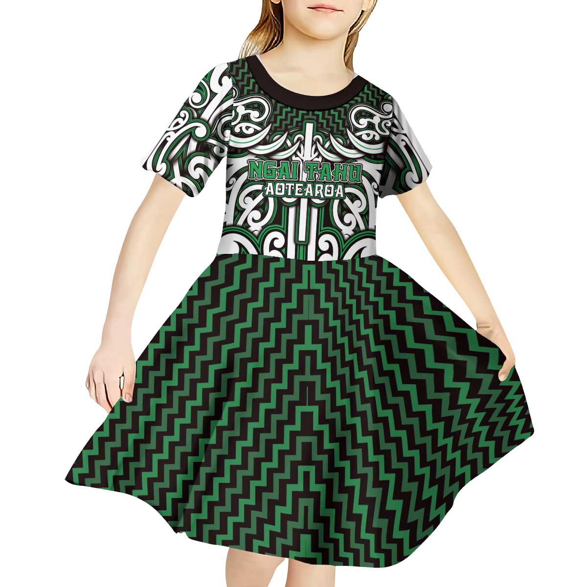 Custom Aotearoa Ngai Tahu Kid Short Sleeve Dress Maori Tribal Pattern Mix Poutama