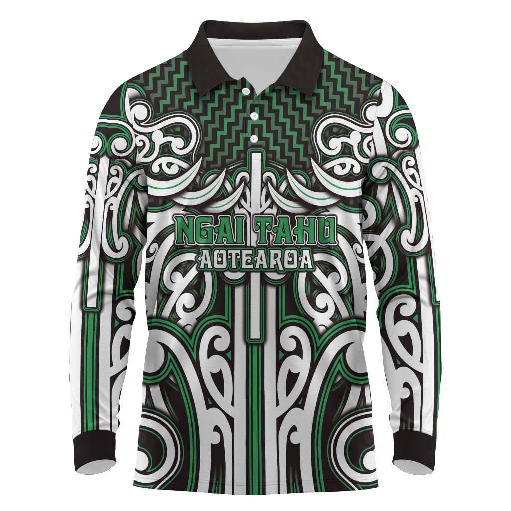 Custom Aotearoa Ngai Tahu Long Sleeve Polo Shirt Maori Tribal Pattern Mix Poutama LT05 Green - Polynesian Pride