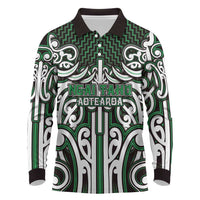 Custom Aotearoa Ngai Tahu Long Sleeve Polo Shirt Maori Tribal Pattern Mix Poutama LT05 Green - Polynesian Pride