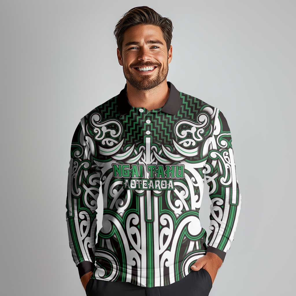 Custom Aotearoa Ngai Tahu Long Sleeve Polo Shirt Maori Tribal Pattern Mix Poutama LT05 - Polynesian Pride