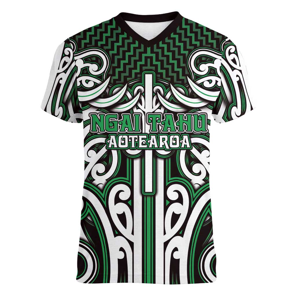 Custom Aotearoa Ngai Tahu Women V-Neck T-Shirt Maori Tribal Pattern Mix Poutama LT05 Female Green - Polynesian Pride