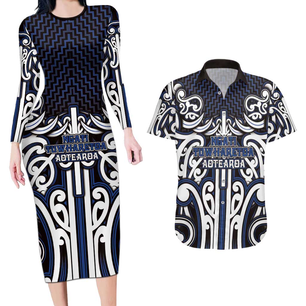 Custom Aotearoa Ngati Tuwharetoa Couples Matching Long Sleeve Bodycon Dress and Hawaiian Shirt Maori Tribal Pattern Mix Poutama LT05 Navy - Polynesian Pride