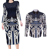 Custom Aotearoa Ngati Tuwharetoa Couples Matching Long Sleeve Bodycon Dress and Long Sleeve Button Shirt Maori Tribal Pattern Mix Poutama LT05 Navy - Polynesian Pride