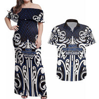Custom Aotearoa Ngati Tuwharetoa Couples Matching Off Shoulder Maxi Dress and Hawaiian Shirt Maori Tribal Pattern Mix Poutama LT05 Navy - Polynesian Pride