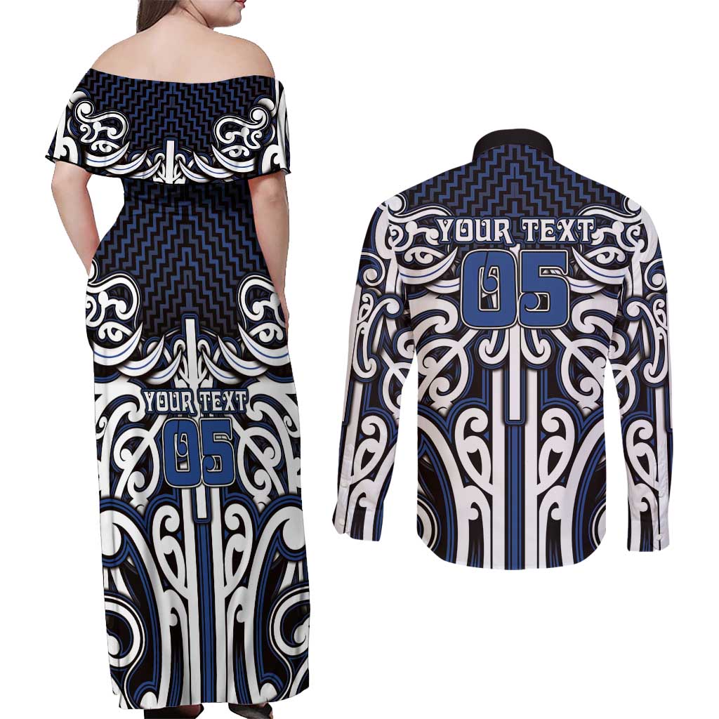 Custom Aotearoa Ngati Tuwharetoa Couples Matching Off Shoulder Maxi Dress and Long Sleeve Button Shirt Maori Tribal Pattern Mix Poutama LT05 - Polynesian Pride