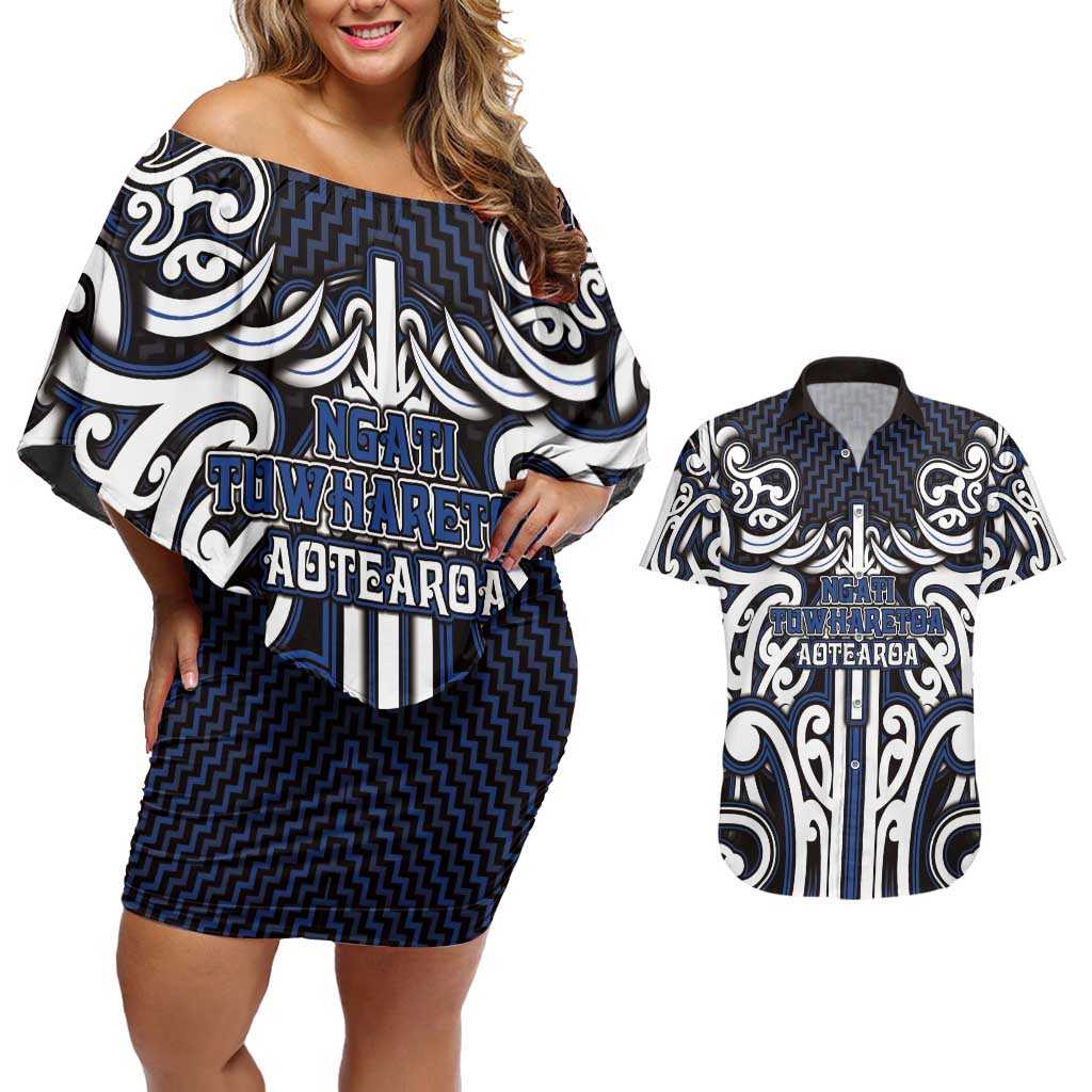 Custom Aotearoa Ngati Tuwharetoa Couples Matching Off Shoulder Short Dress and Hawaiian Shirt Maori Tribal Pattern Mix Poutama