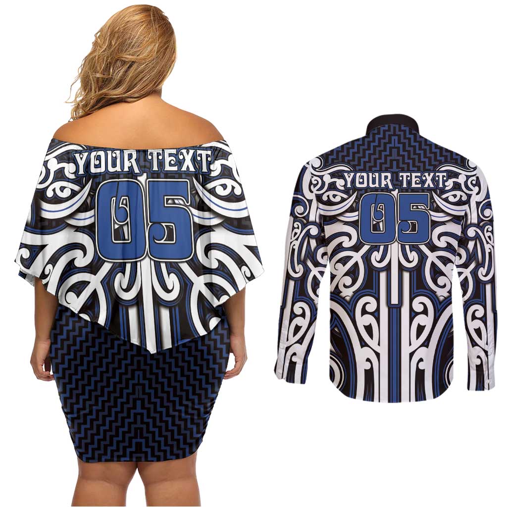 Custom Aotearoa Ngati Tuwharetoa Couples Matching Off Shoulder Short Dress and Long Sleeve Button Shirt Maori Tribal Pattern Mix Poutama LT05 - Polynesian Pride