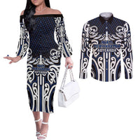Custom Aotearoa Ngati Tuwharetoa Couples Matching Off The Shoulder Long Sleeve Dress and Long Sleeve Button Shirt Maori Tribal Pattern Mix Poutama LT05 Navy - Polynesian Pride