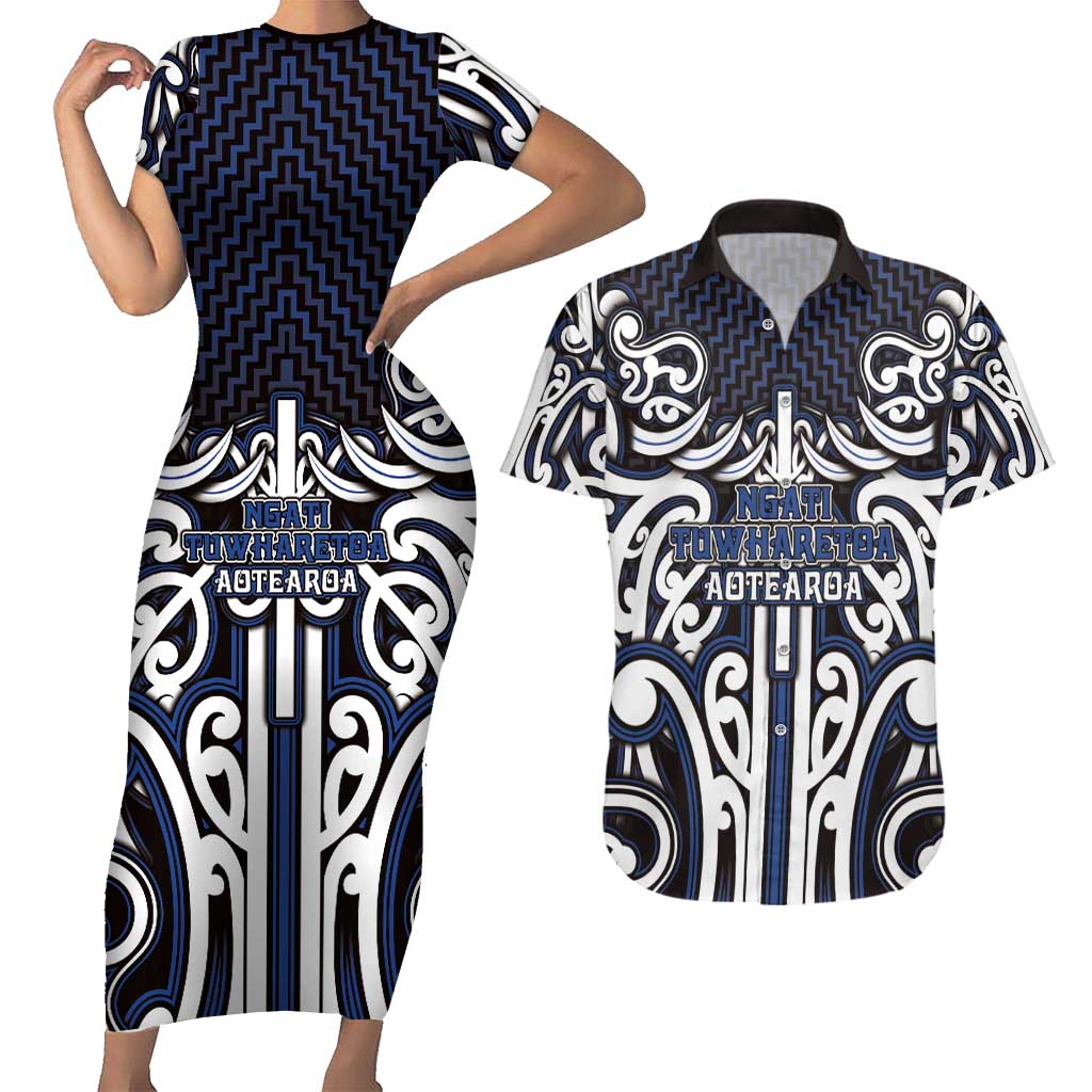 Custom Aotearoa Ngati Tuwharetoa Couples Matching Short Sleeve Bodycon Dress and Hawaiian Shirt Maori Tribal Pattern Mix Poutama LT05 Navy - Polynesian Pride