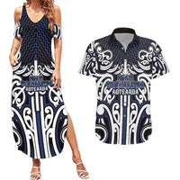Custom Aotearoa Ngati Tuwharetoa Couples Matching Summer Maxi Dress and Hawaiian Shirt Maori Tribal Pattern Mix Poutama LT05 Navy - Polynesian Pride