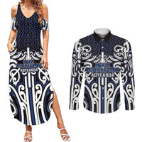 Custom Aotearoa Ngati Tuwharetoa Couples Matching Summer Maxi Dress and Long Sleeve Button Shirt Maori Tribal Pattern Mix Poutama LT05 Navy - Polynesian Pride