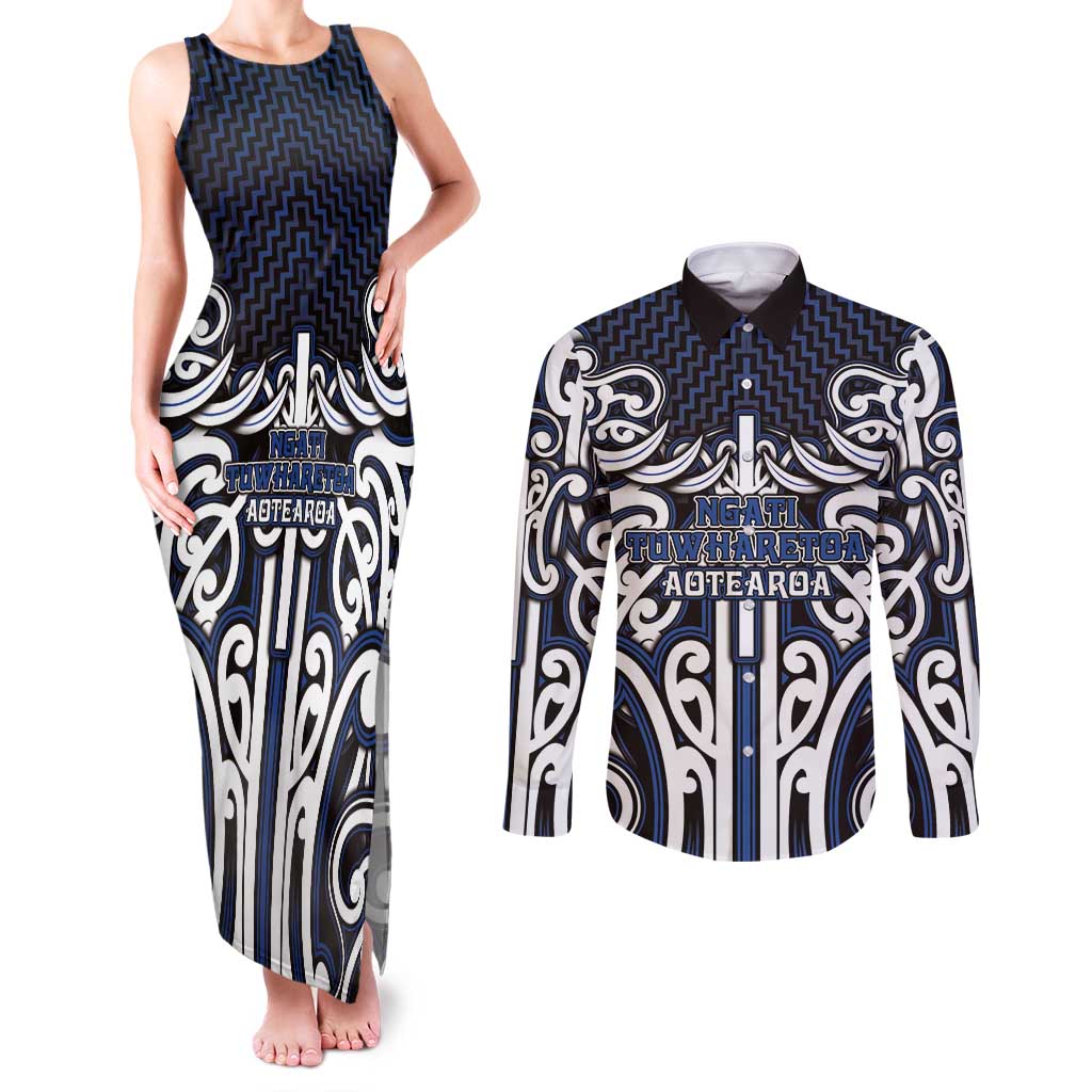 Custom Aotearoa Ngati Tuwharetoa Couples Matching Tank Maxi Dress and Long Sleeve Button Shirt Maori Tribal Pattern Mix Poutama LT05 Navy - Polynesian Pride