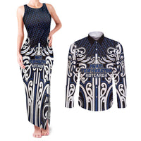 Custom Aotearoa Ngati Tuwharetoa Couples Matching Tank Maxi Dress and Long Sleeve Button Shirt Maori Tribal Pattern Mix Poutama LT05 Navy - Polynesian Pride