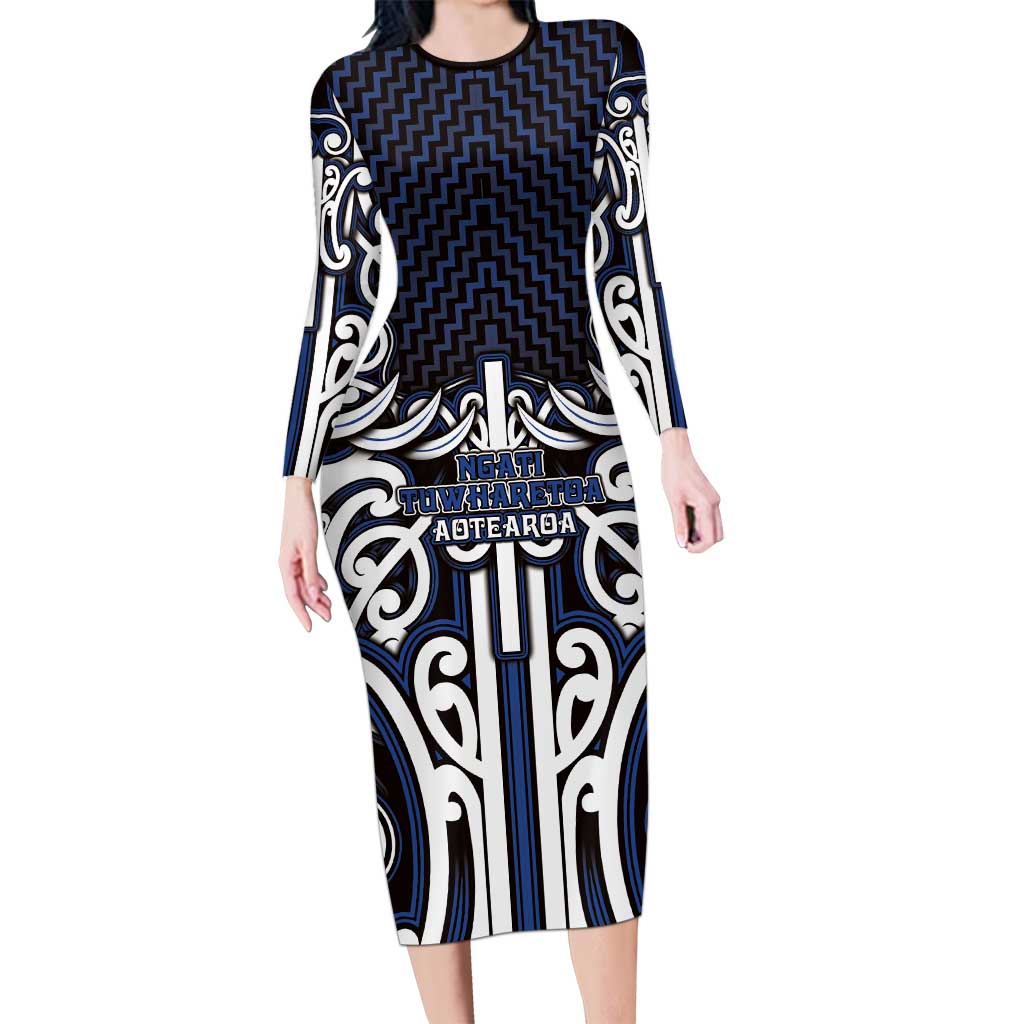 Custom Aotearoa Ngati Tuwharetoa Family Matching Long Sleeve Bodycon Dress and Hawaiian Shirt Maori Tribal Pattern Mix Poutama LT05 Mom's Dress Navy - Polynesian Pride