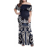 Custom Aotearoa Ngati Tuwharetoa Family Matching Off Shoulder Maxi Dress and Hawaiian Shirt Maori Tribal Pattern Mix Poutama LT05 Mom's Dress Navy - Polynesian Pride