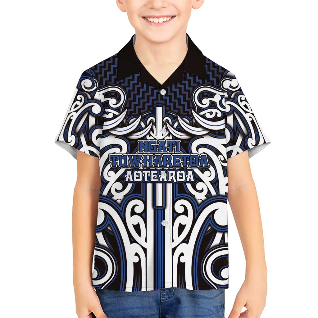 Custom Aotearoa Ngati Tuwharetoa Family Matching Off Shoulder Maxi Dress and Hawaiian Shirt Maori Tribal Pattern Mix Poutama LT05 Son's Shirt Navy - Polynesian Pride
