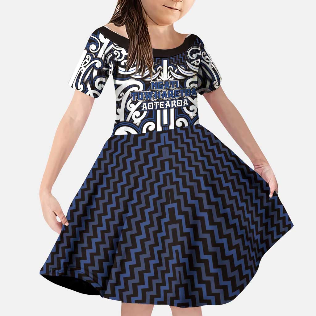 Custom Aotearoa Ngati Tuwharetoa Family Matching Off Shoulder Short Dress and Hawaiian Shirt Maori Tribal Pattern Mix Poutama LT05 Daughter's Dress Navy - Polynesian Pride
