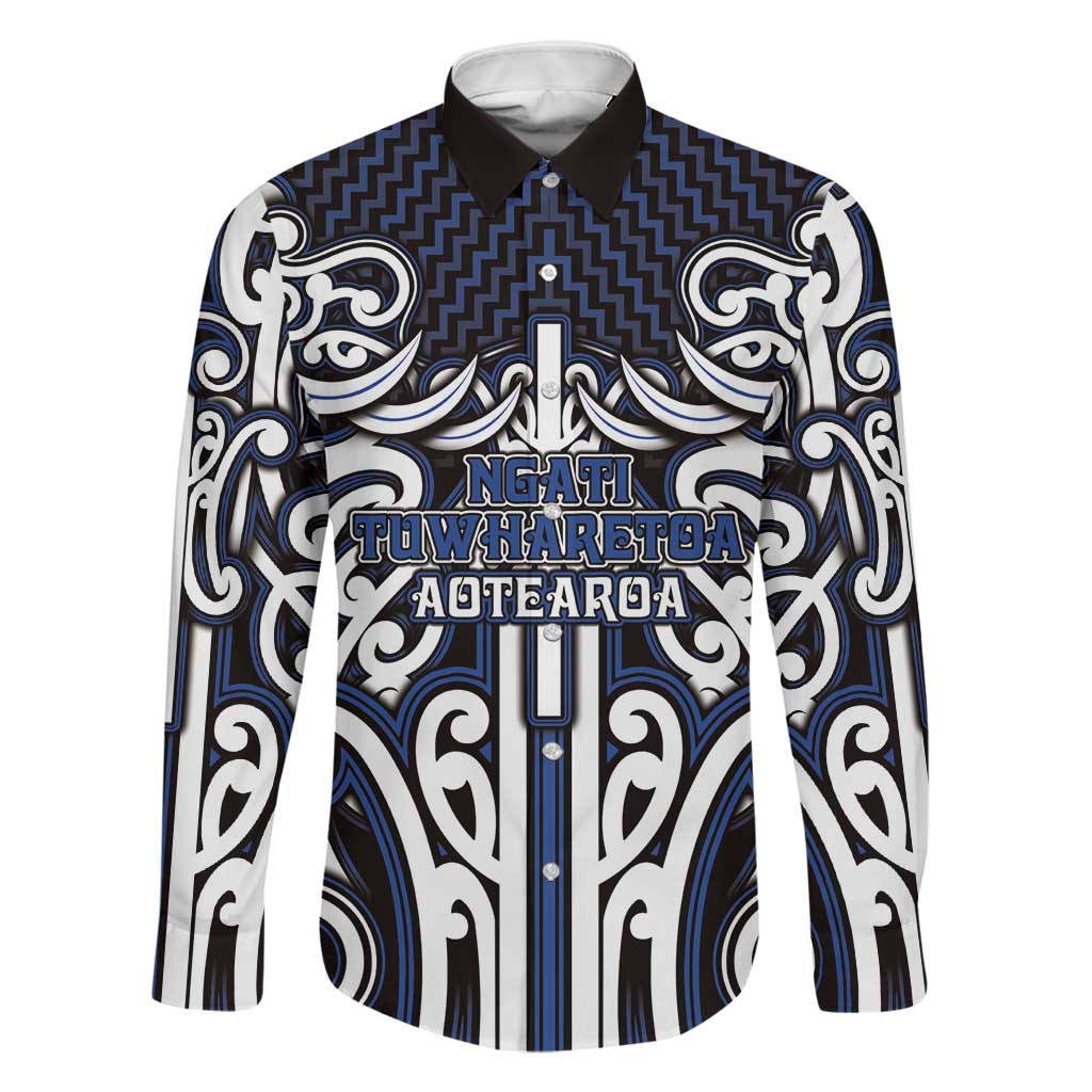 Custom Aotearoa Ngati Tuwharetoa Family Matching Off Shoulder Short Dress and Hawaiian Shirt Maori Tribal Pattern Mix Poutama LT05 Dad's Shirt - Long Sleeve Navy - Polynesian Pride