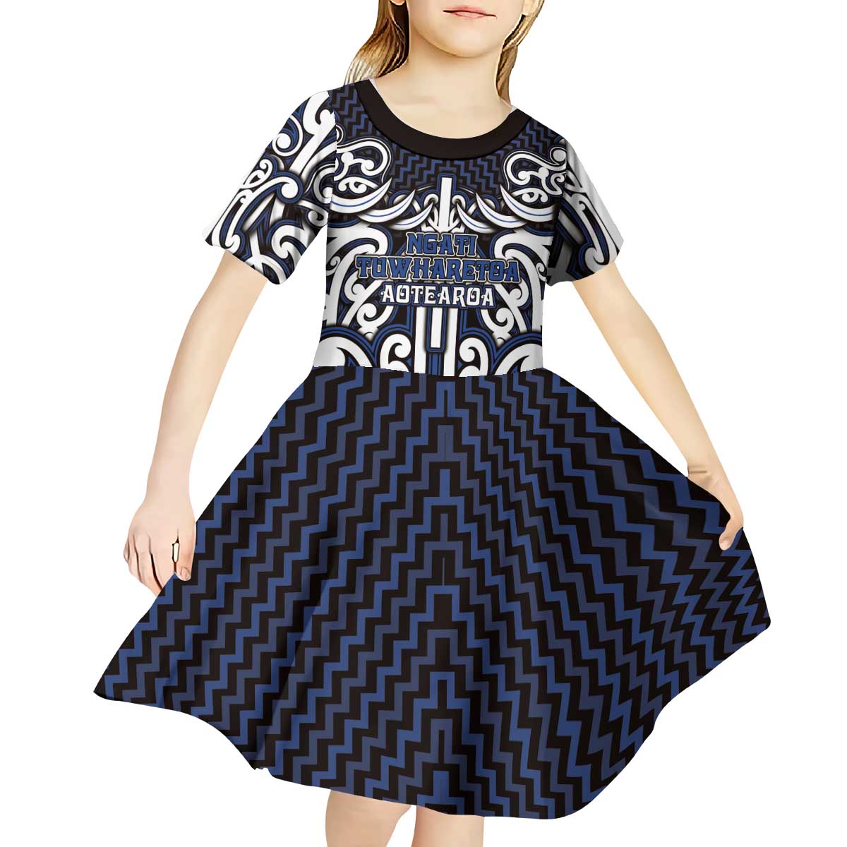 Custom Aotearoa Ngati Tuwharetoa Kid Short Sleeve Dress Maori Tribal Pattern Mix Poutama