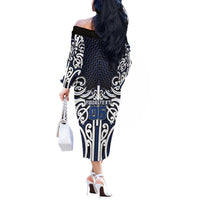 Custom Aotearoa Ngati Tuwharetoa Off The Shoulder Long Sleeve Dress Maori Tribal Pattern Mix Poutama LT05 - Polynesian Pride