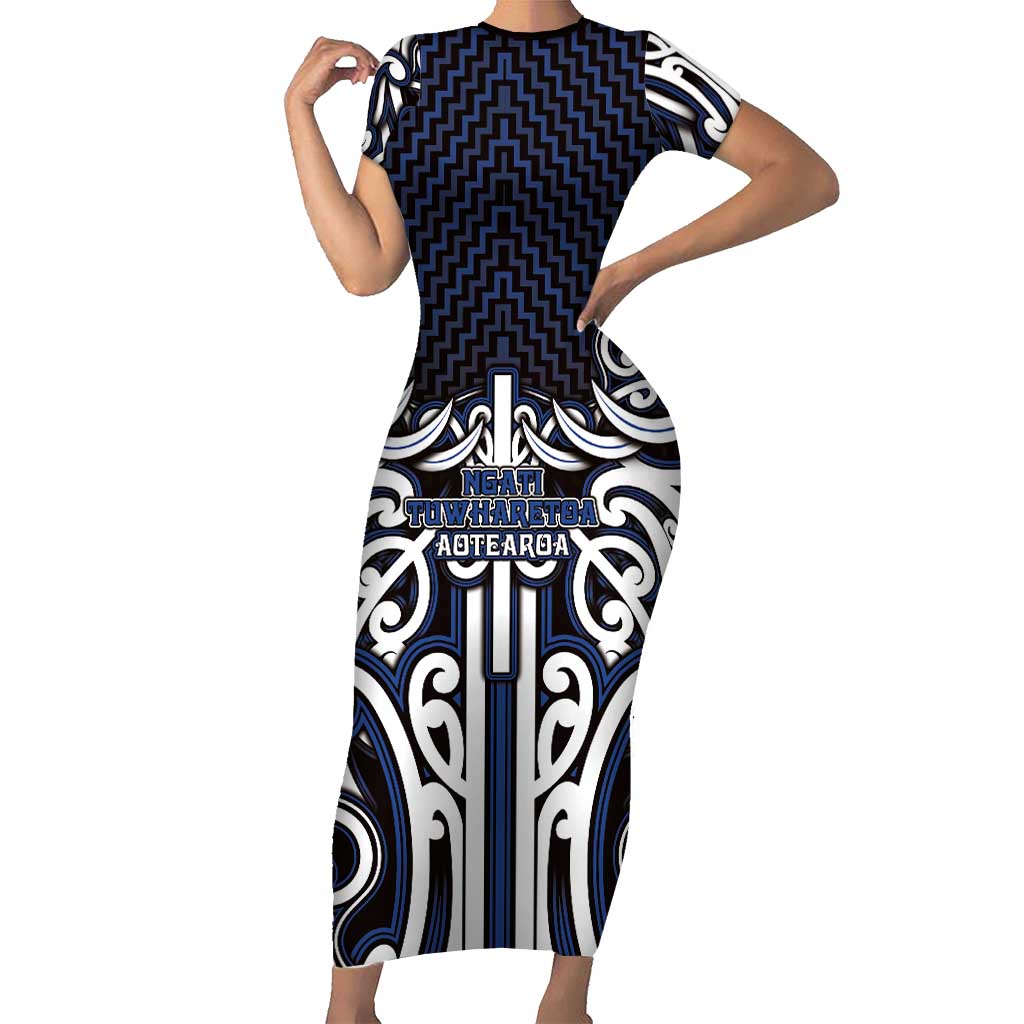 Custom Aotearoa Ngati Tuwharetoa Short Sleeve Bodycon Dress Maori Tribal Pattern Mix Poutama LT05 Long Dress Navy - Polynesian Pride